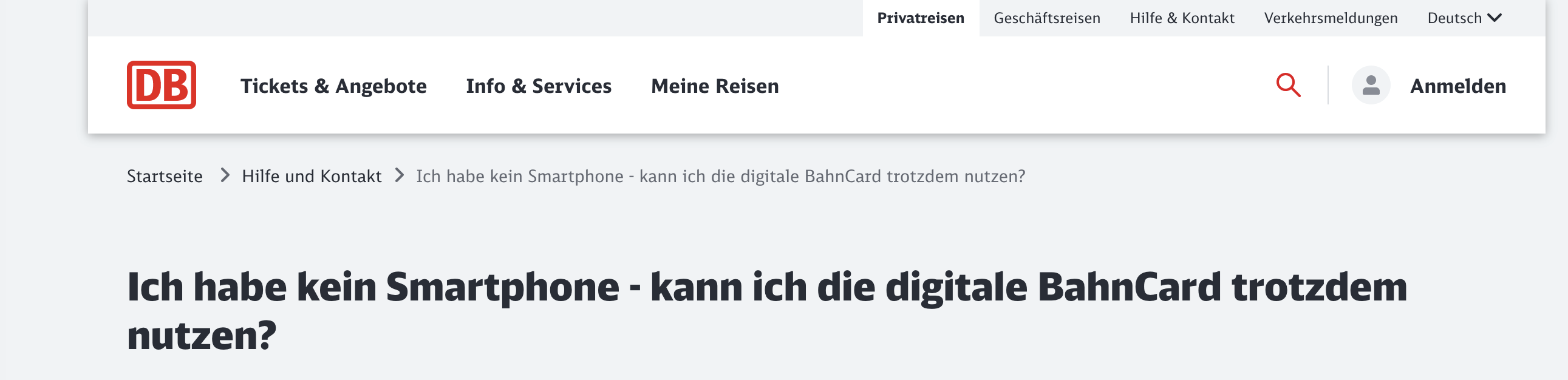 Screenshot mit der Frage "Ich habe kein Smartphone - kann ich die digitale BahnCard trotzdem nutzen?